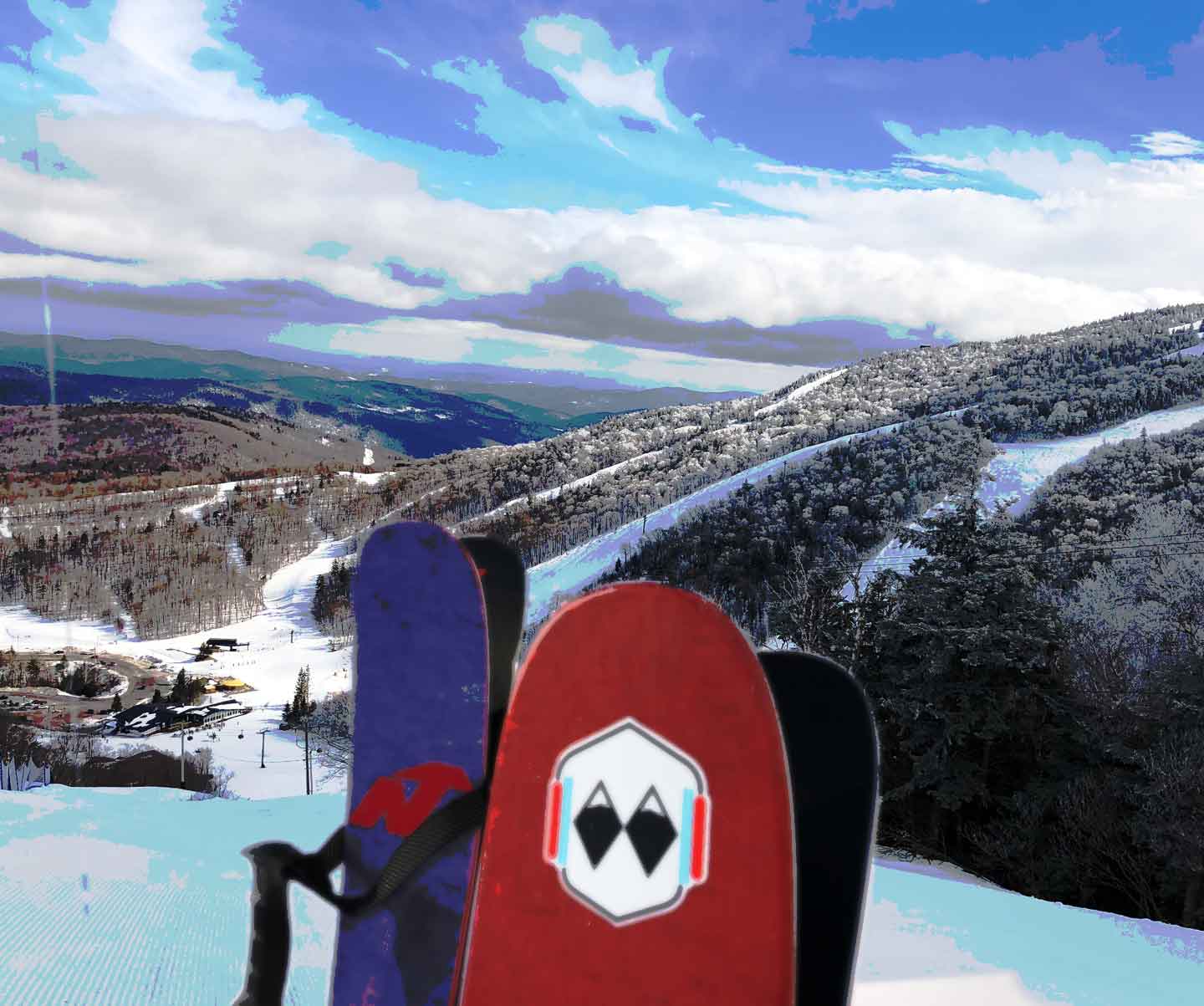 The view of Killington Mountain Resort from the Highline trail with skis